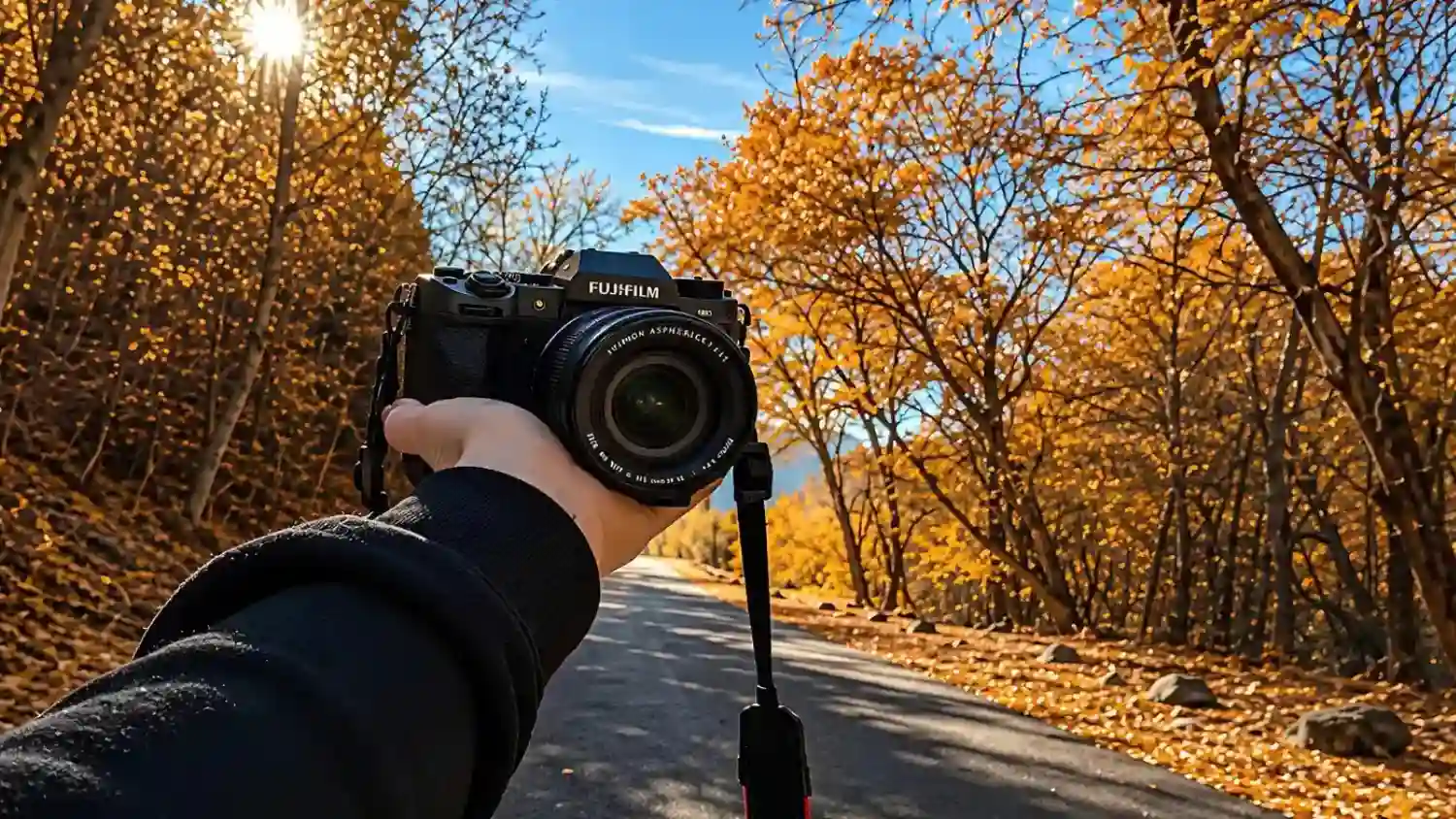 Hand holding a Fujifilm camera on a sunlit road surrounded by golden autumn trees.